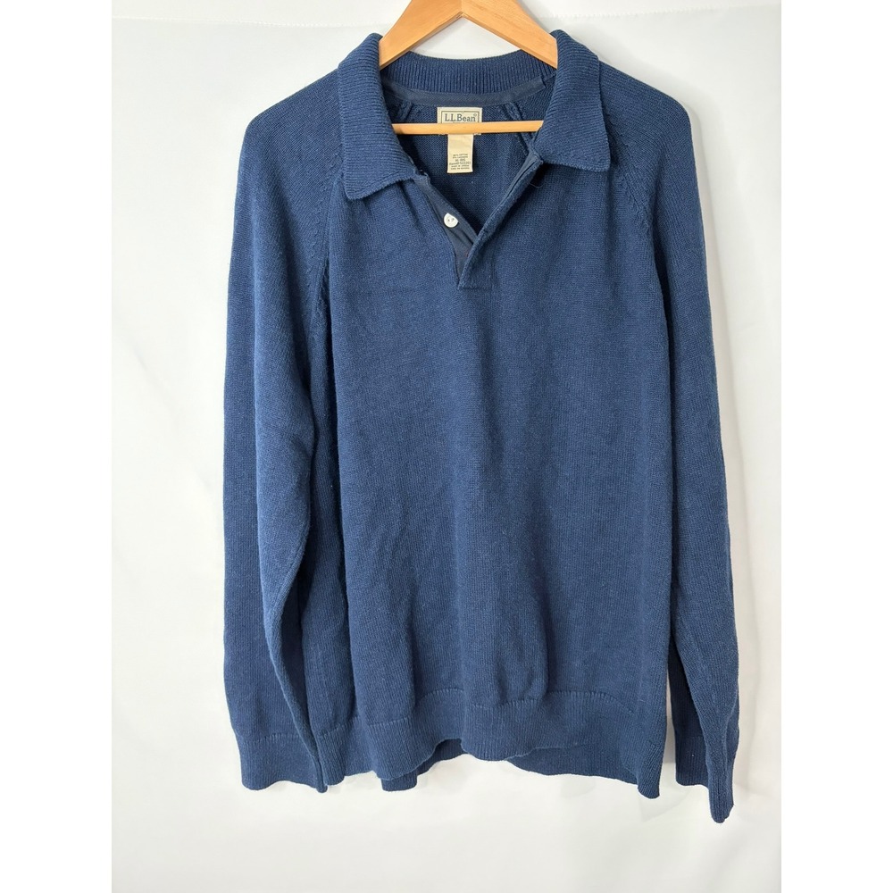 LL Bean Blue Cotton Cashmere Polo Sweater Mens XL Preppy Old Money Luxury Soft